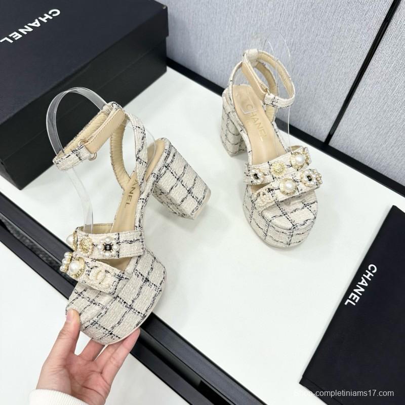 2025 Women Chanel Beige Black Tweed Leather Platform Sandals MJ00310