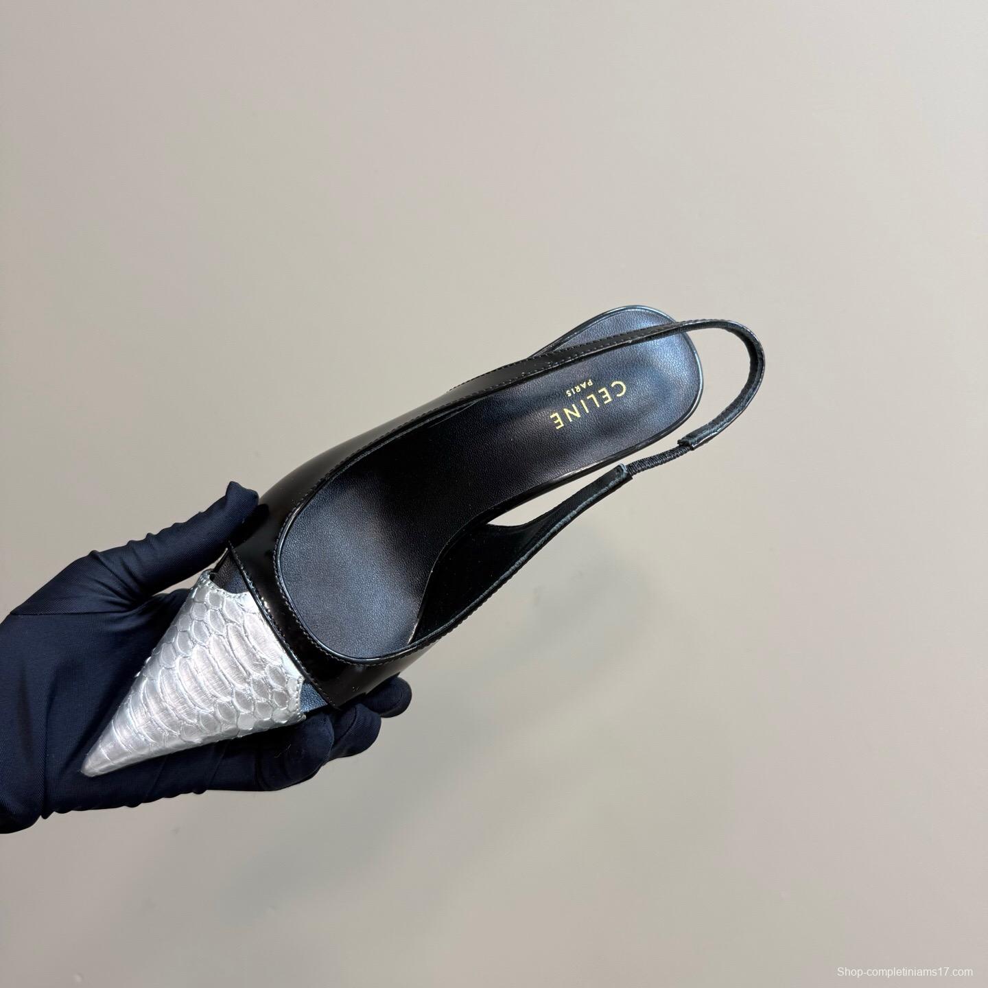2025 Women CELINE Black White Leather Slingback Heels KFY00310