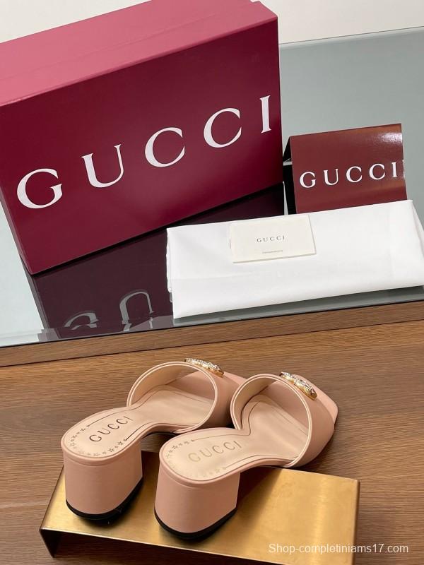 2025 Women Gucci Pink Leather Slippers GG Crystal Buckle LY00280