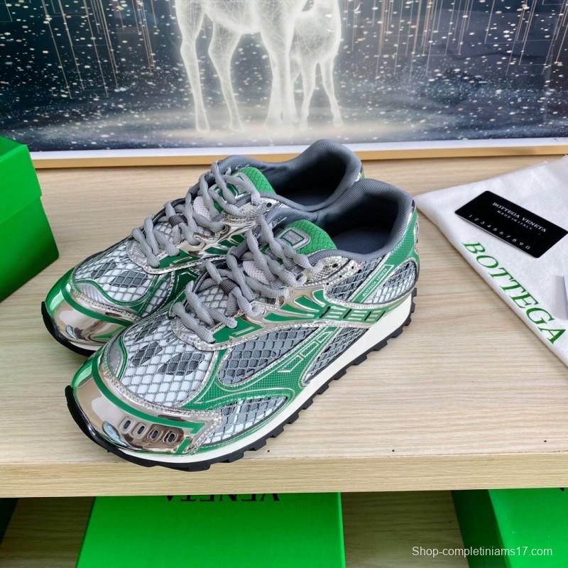 2025 Unisex Bottega Veneta Green Silver Mesh Sneakers LY00310