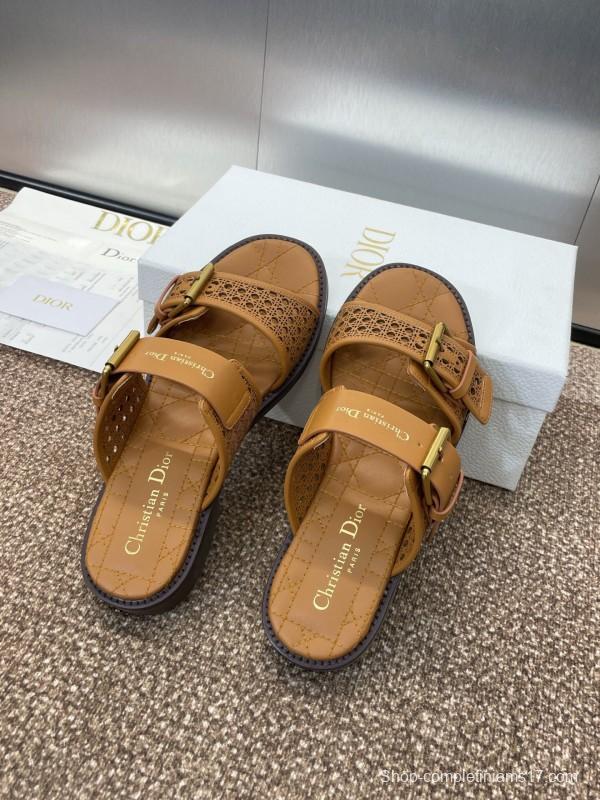 2025 Women Dior Brown Leather Slip-on Sandals