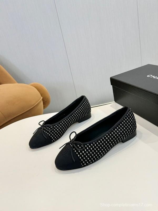 2025 Women Chanel Black White Wool Leather Ballet Flat LY00250