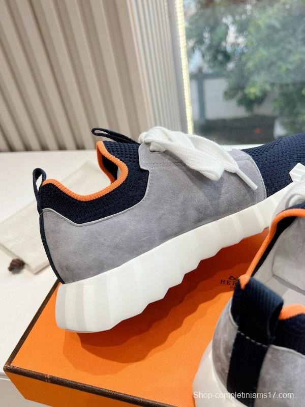 2024 Unisex Hermès blue grey orange knit leather sneakers