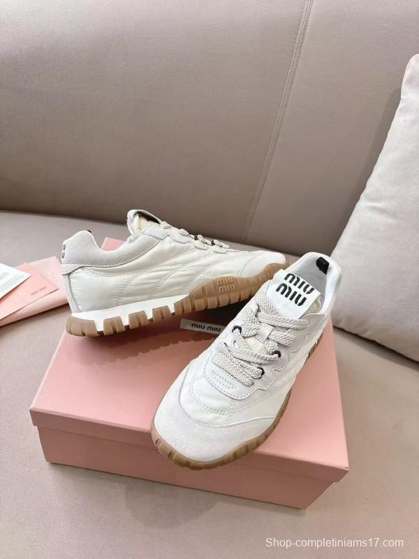2025 Women Miu Miu White Beige Leather Nylon Casual Shoes KFY00280