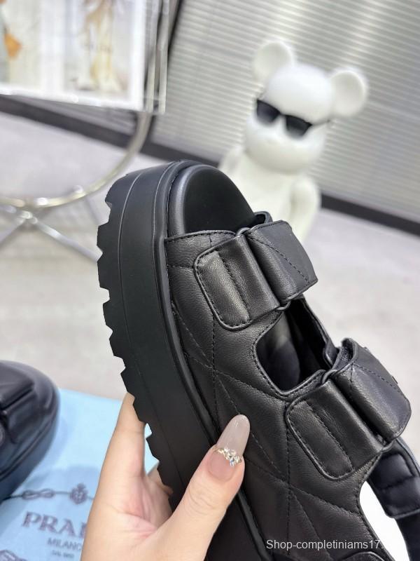2025 Women Prada Black Leather Sandals