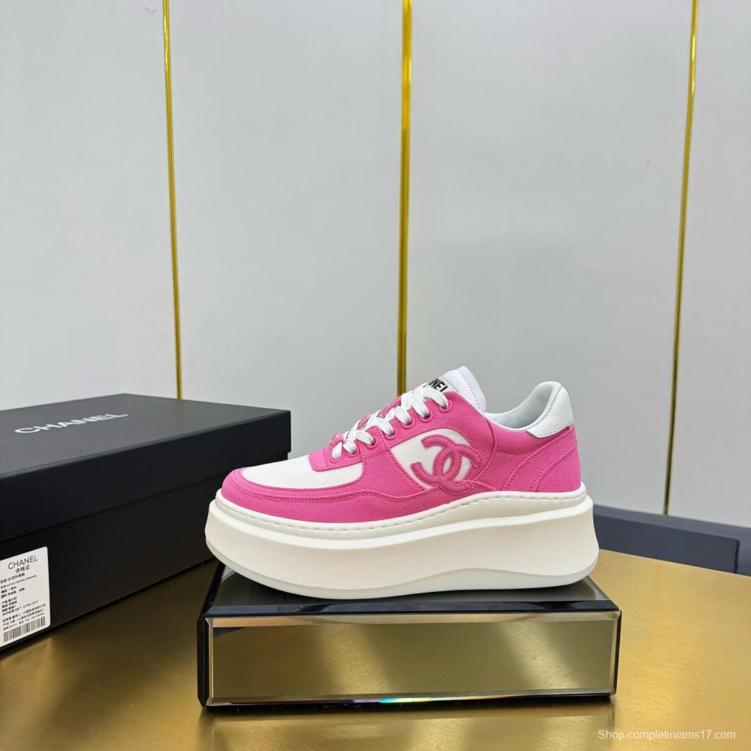 2025 Women Chanel Pink White Leather Canvas Sneakers