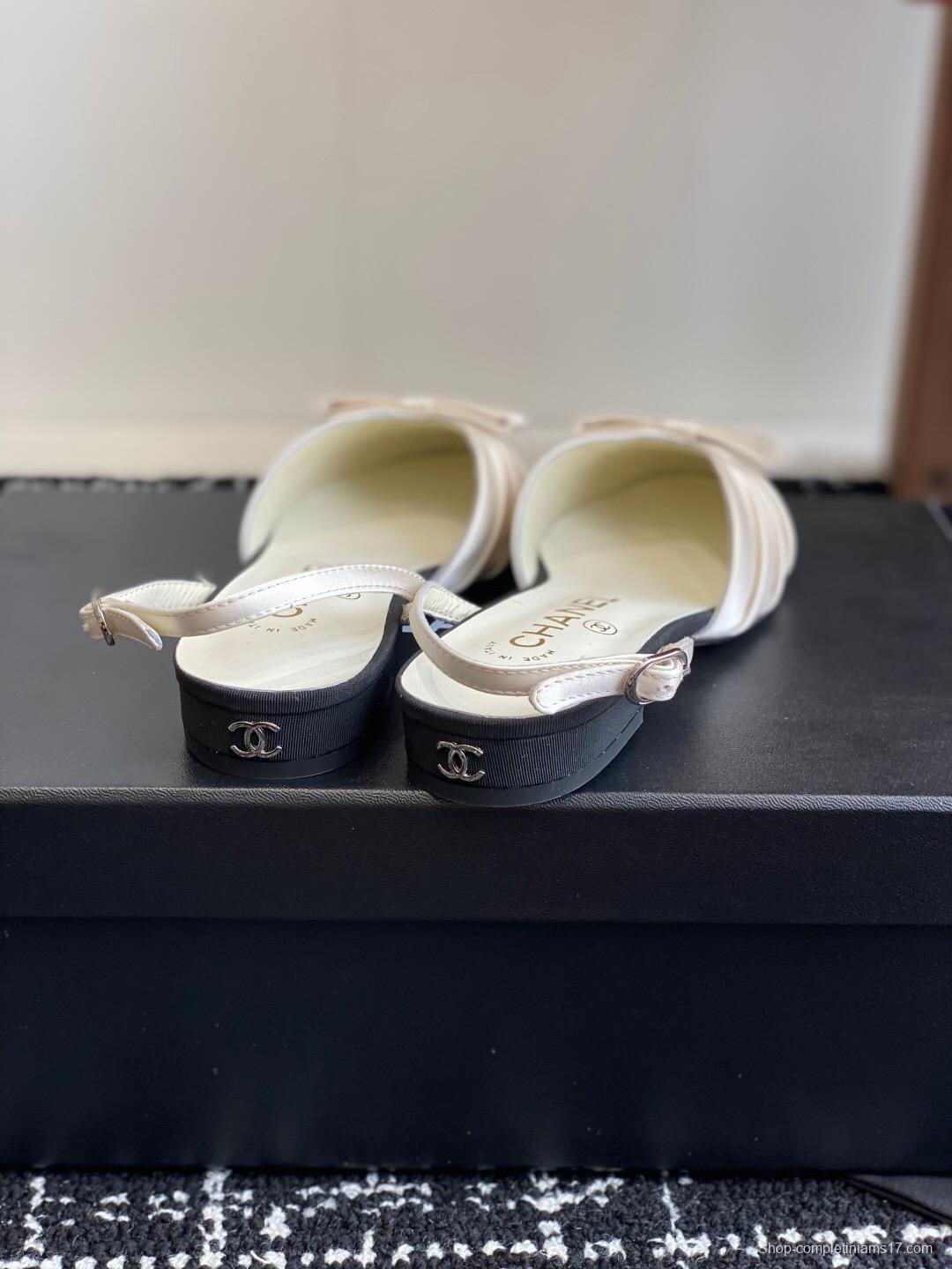 2025 Women Chanel Black Beige Silk Leather Sandals Bow KFY00289