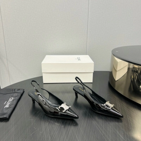 2025 Women Celine Black Patent Leather Slingback Heels KFY00290