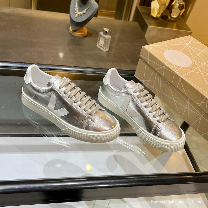 2025 Unisex VEJA Silver Leather Canvas Vulcanized Sneakers MJ00240