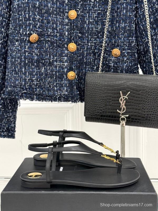 2025 Women Yves Saint Laurent Black Leather Sandals KFY00270