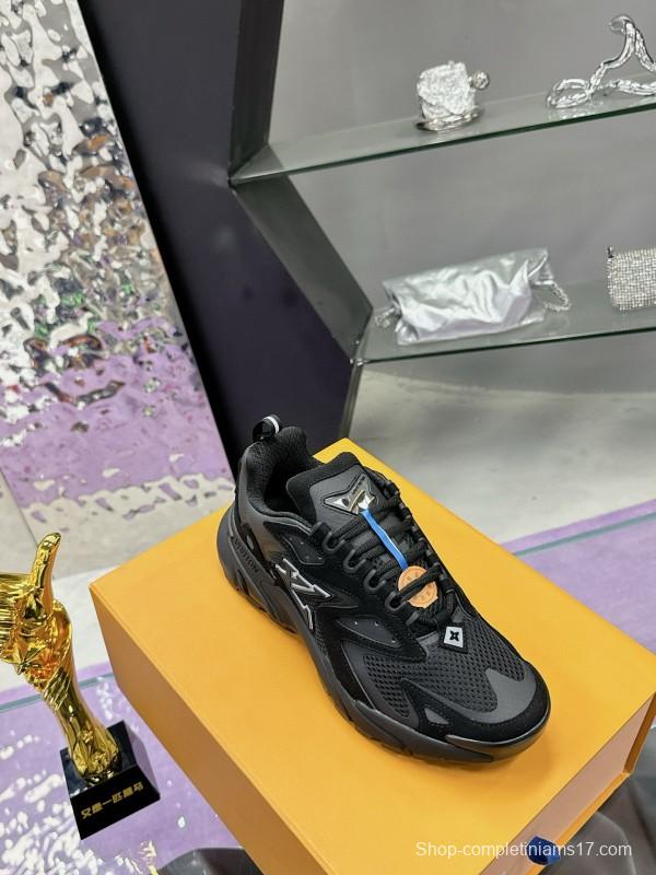 2025 Men Louis Vuitton Black Mesh Leather Sneakers MJ00420