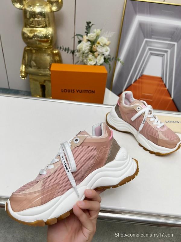 2025 Women Louis Vuitton Pink White Mesh Leather Sneakers LY00340