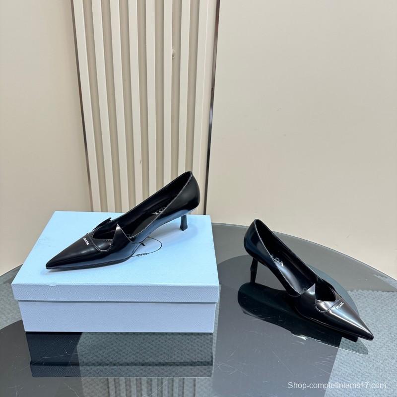 2025 Women Prada Black Leather Heels KFY00310
