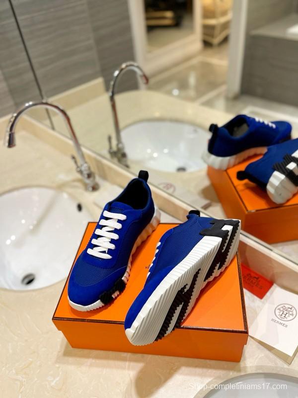 2024 Men Hermès Blue Nylon Suede Sneakers MJ00320