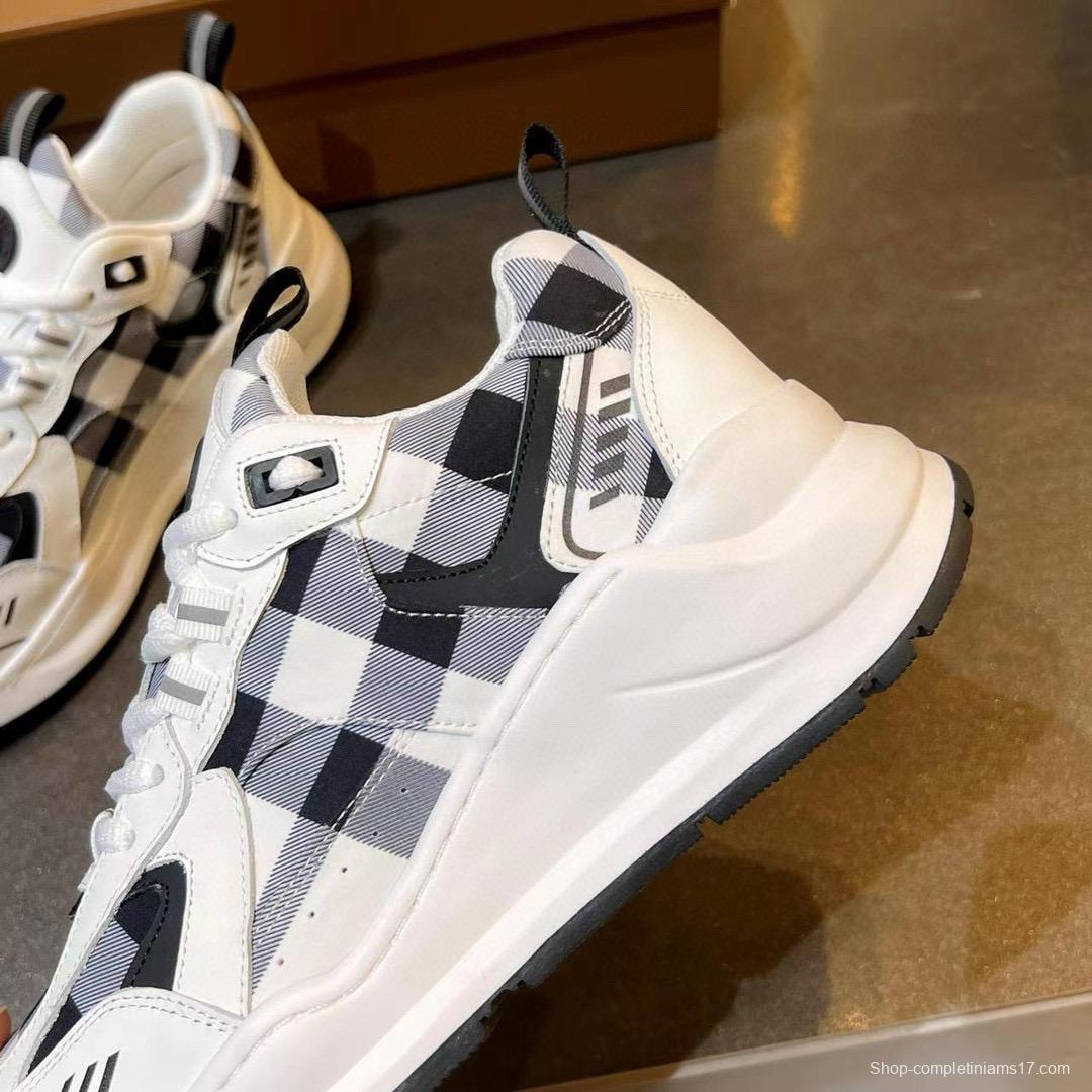 2025 Unisex Burberry White Black Cotton Leather Suede Chunky Sneakers Vintage Check MJ00380(F/W)