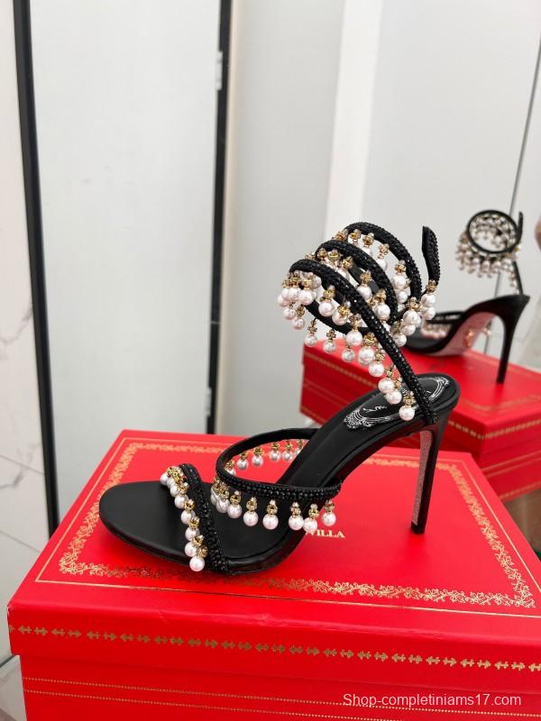 2025 Women RC Black Silk Crystal Pearl High Heel Sandals LY00360