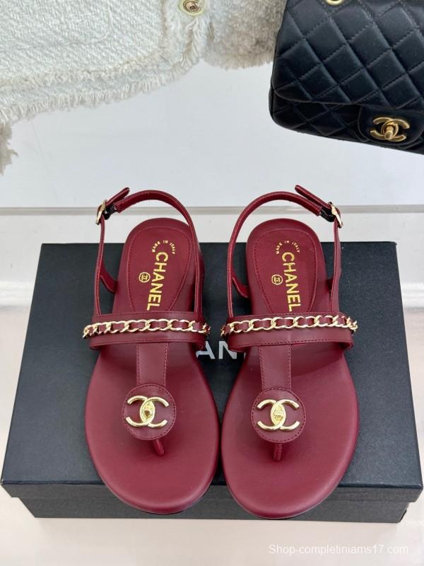 2025 Women Chanel Red Leather Sandals Chain Decoration