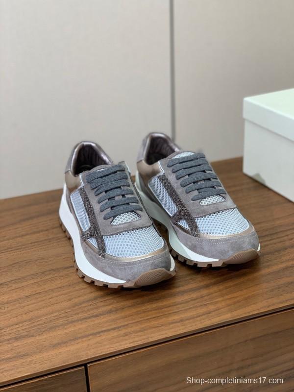 2025 Unisex Brunello Cucinelli Grey Silver Suede Mesh Sneakers