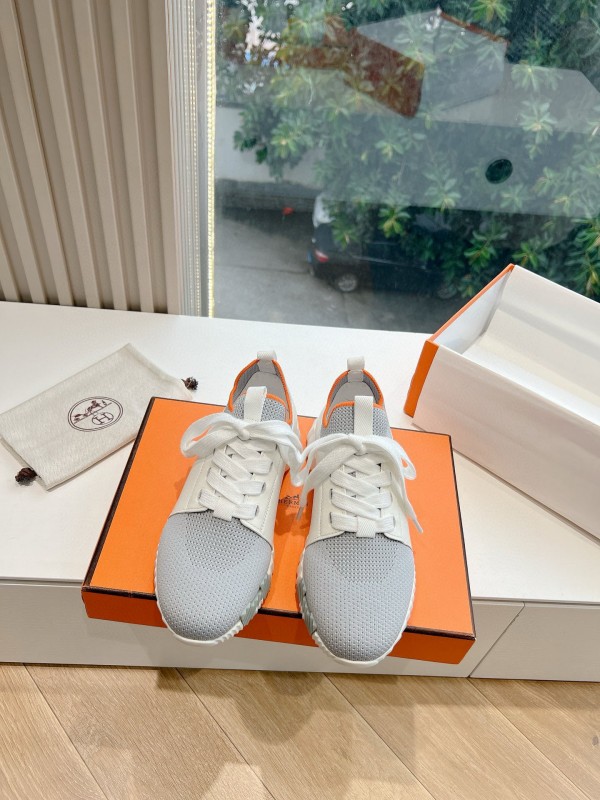 2024 Unisex Hermès Gray White Orange Calf Leather Suede Knit Sneakers MJ00290