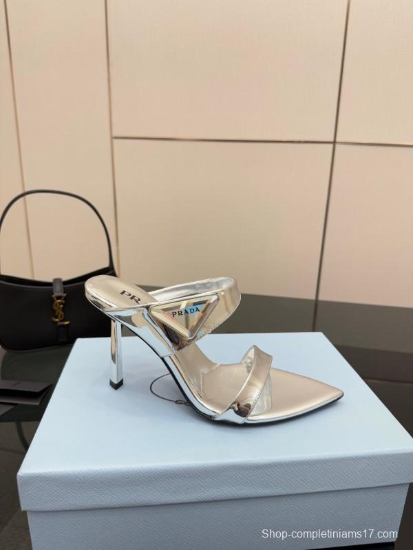 2025 Women Prada Silver Leather Pointed Toe Sandals