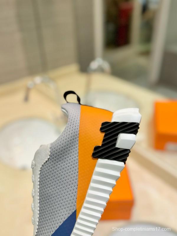 2024 Unisex Hermès Blue Grey Orange Suede Rain Cloth Sneakers MJ00320