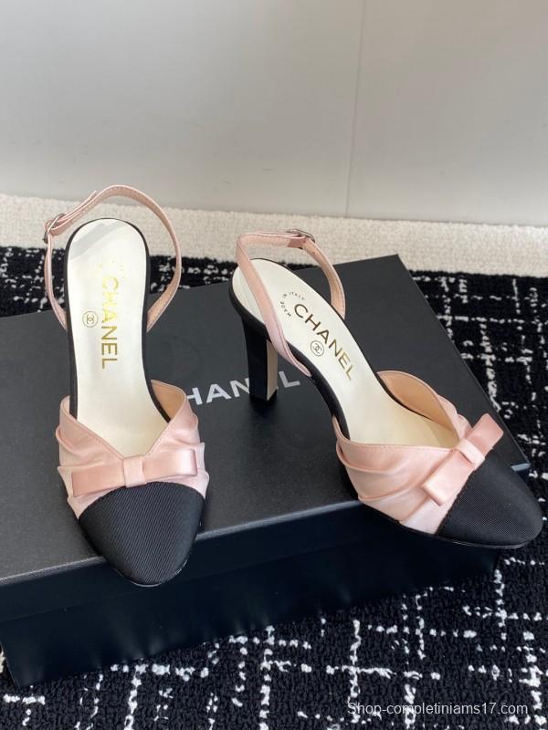2025 Women Chanel Pink Black Satin Leather Slingback Heels KFY00289