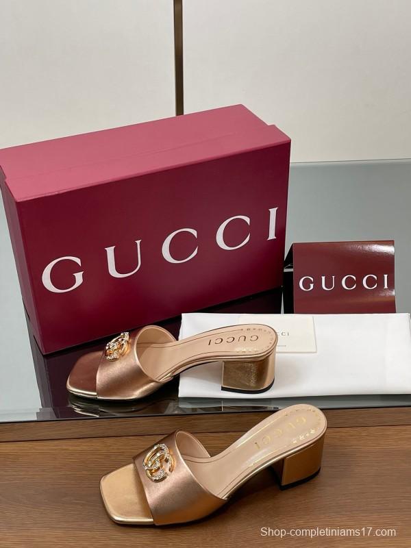 2025 Women Gucci Pink Leather Sandals GG Crystal Buckle LY00280