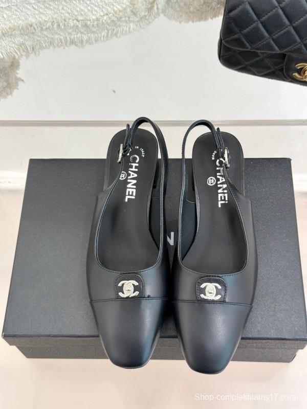 2025 Women Chanel Black Leather Slingback Flats