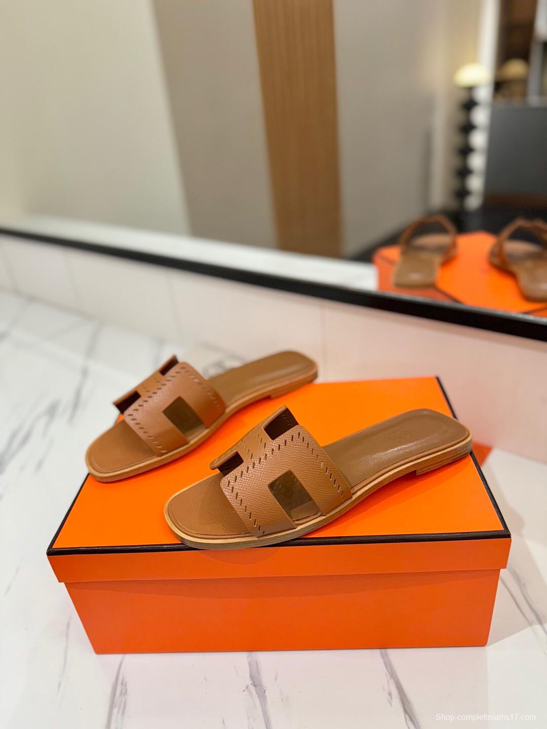 2025 Women Hermès Brown Leather Slippers