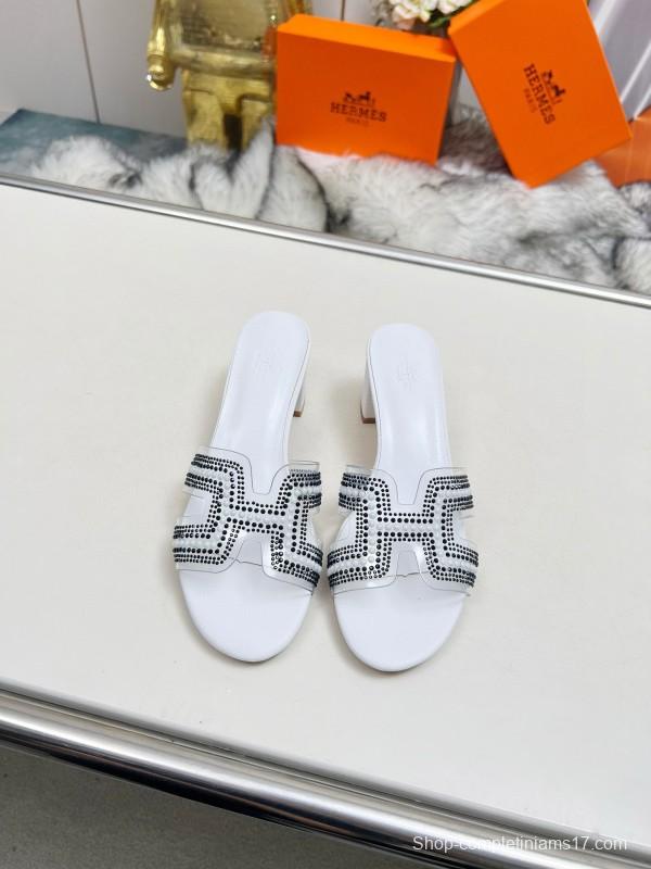 2025 Slippers Hermès White Leather Crystal MJ00180