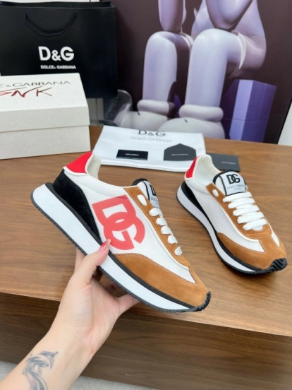2025 Unisex Dolce & Gabbana White Red Black Suede Mesh Sneakers LY00300(F)/LY00301(M)