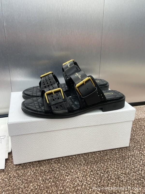 2025 Women Dior Black Leather Sandals Buckle LY00300