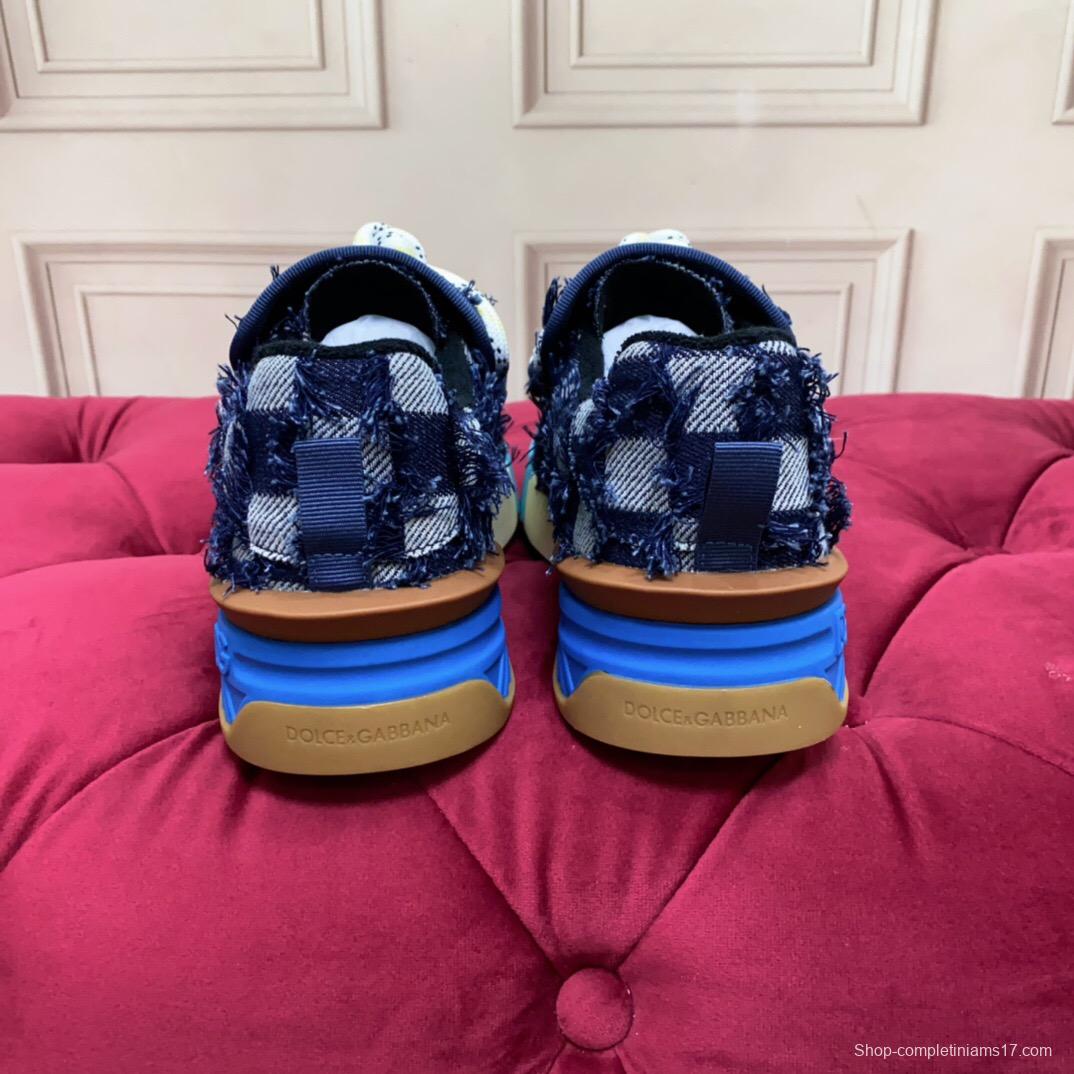 2025 Unisex Dolce & Gabbana Blue White Brown Denim Leather Sneakers