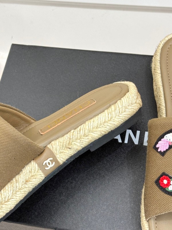 2025 Women Chanel Khaki Embroidered Lambskin Slippers KFY00230