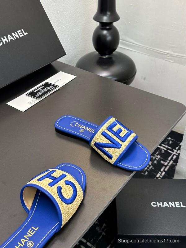 2025 Women CHANEL Blue Beige Canvas Slippers