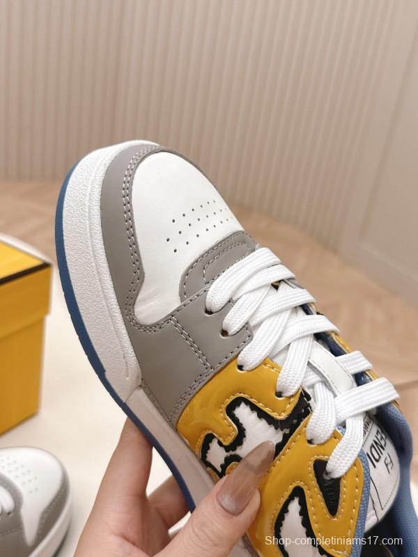 2025 Unisex Fendi White Yellow Grey Leather Sneakers FD Match LY00360(F)/LY00370(M)