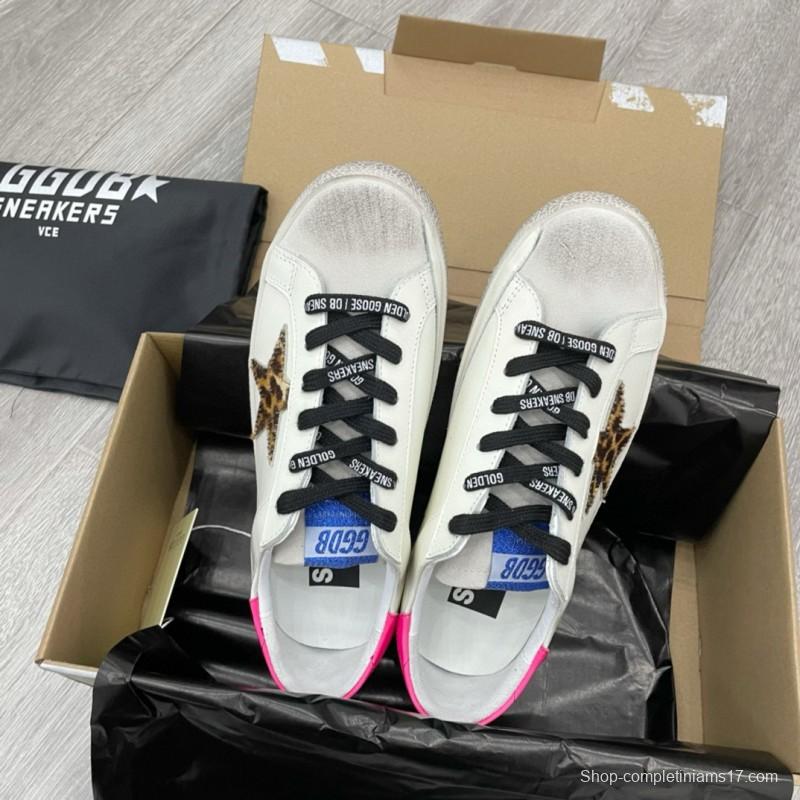 2025 Women GGDB White Pink Leopard Print Leather Sneakers