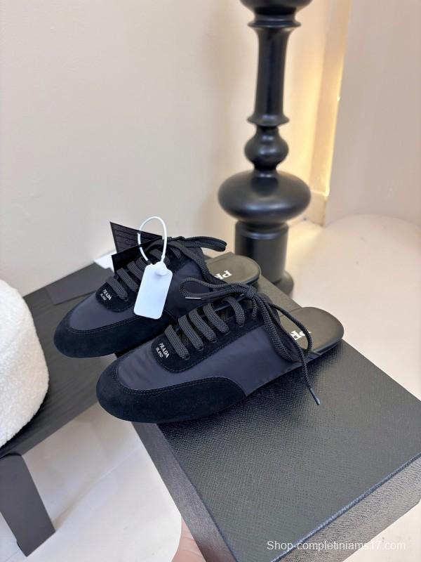 2025 Women Prada Black Suede Nylon Casual Lace-up Shoes