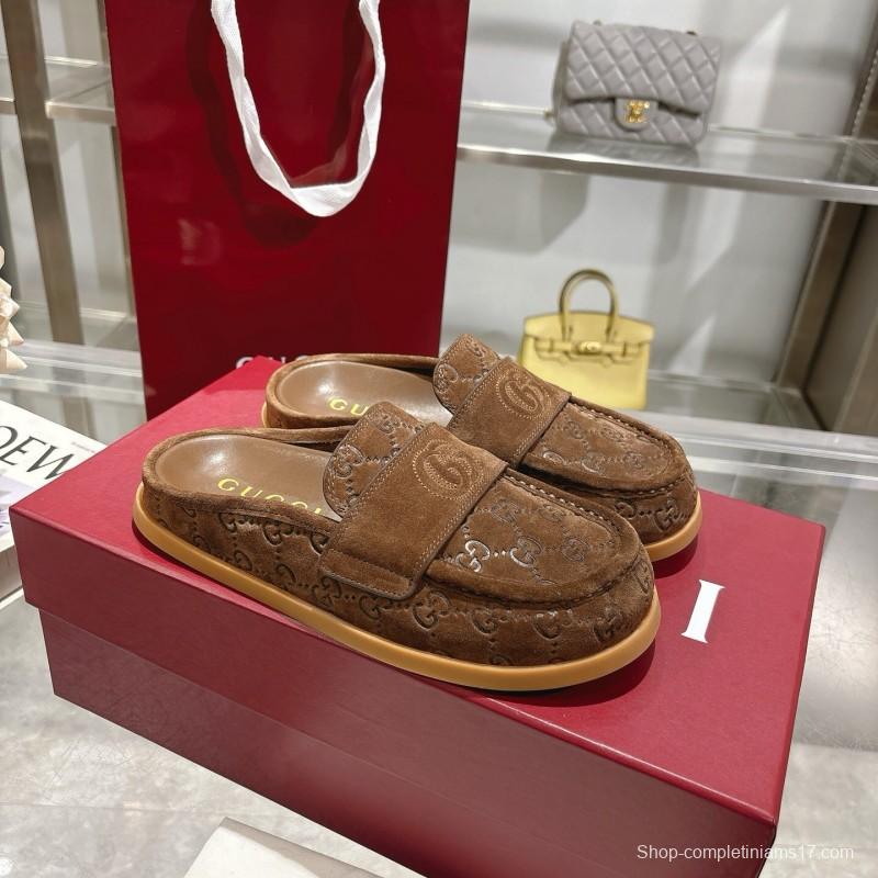 2025 Women Gucci Dark Brown Suede Mule Embossed GG LY00270