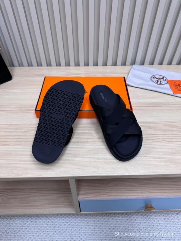 2025 Slippers Unisex Hermès Black Leather Slippers