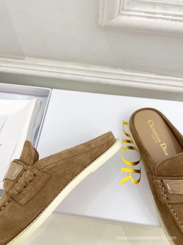 2025 Women Dior Brown Suede Mule Loafers Casual Handmade Slip-on LY00360(F)
