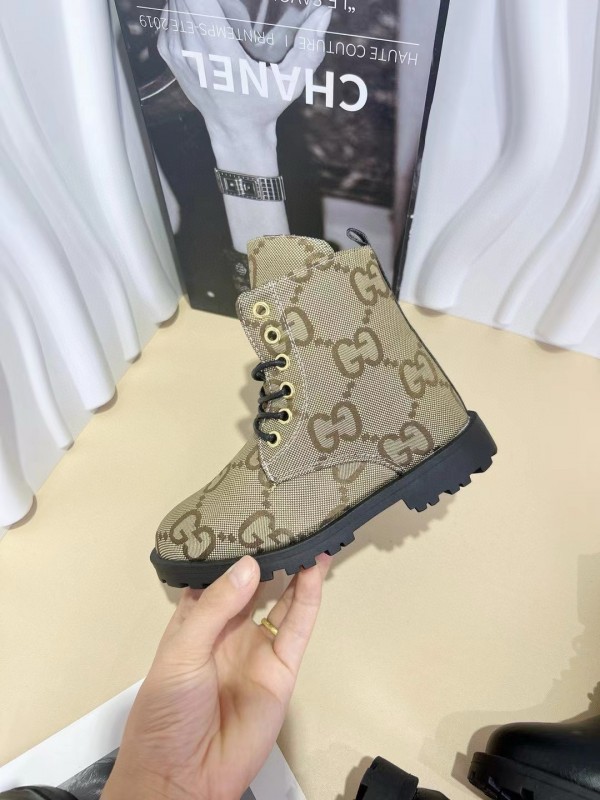 2024 Kids Gucci Brown Black Canvas Leather Boots