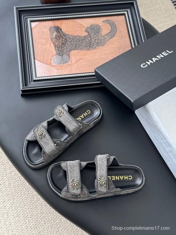 2025 Women Chanel Grey Fabric Leather Sandals Magic Tape LY00310