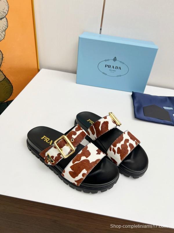 2025 Slippers Prada Brown White Leather Cow Print LY00260