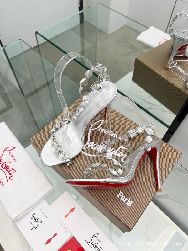 2025 Women Christian Louboutin Silver PVC Crystal High Heel Sandals LY00300