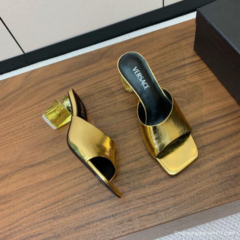 2025 Women VERSACE Gold Leather Heeled Sandals