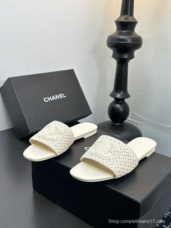 2025 CHANEL White Knit Leather Slippers LY00250