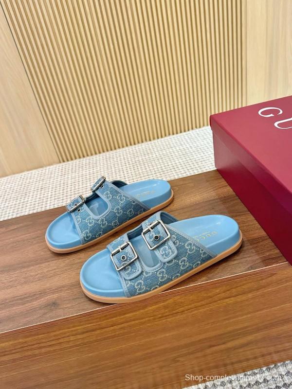 2025 Women Gucci Light Blue Canvas Leather Sandals