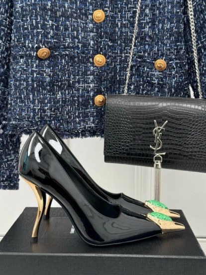 2024 Women Yves Saint Laurent Black Gold Patent Leather High Heels MJ00330