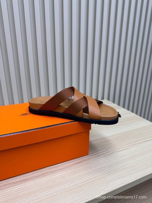 2025 Men Hermès Brown Leather Slippers